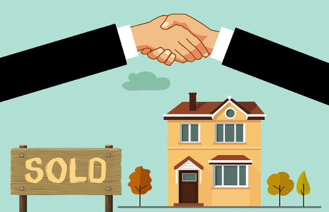 Illustration of two people shaking hands above a home with a "Sold" sign beside it.
