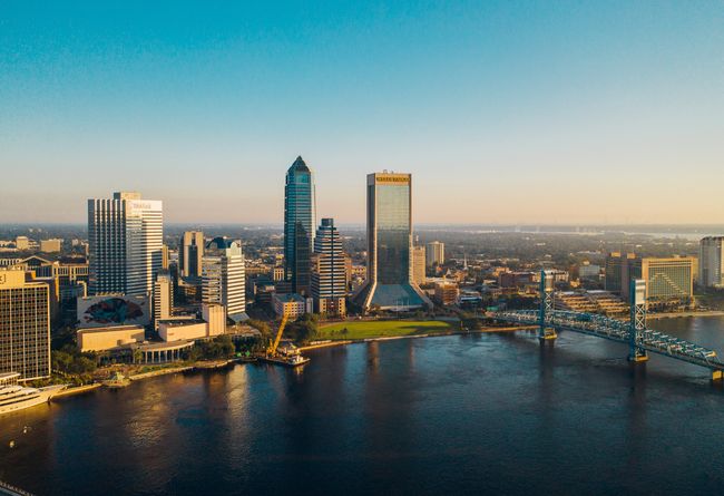 downtown city skyline at sunset